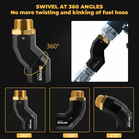 Dual Rotary 1 Inch NPT Fuel Hose Swivel for Quick Fuel Transfers 360 Degree Rotation at Both Ends Fits Pumps and Nozzles 2 Pack with Easy Angle Adjustment for Faster Mess Free Fueling, black zinc alloy and copper swivel