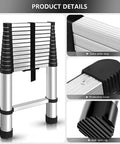 Twelve And A Half Foot Aluminum Telescoping Ladder That Extends From Compact Fold To Full Height With Non Slip Rungs showing details