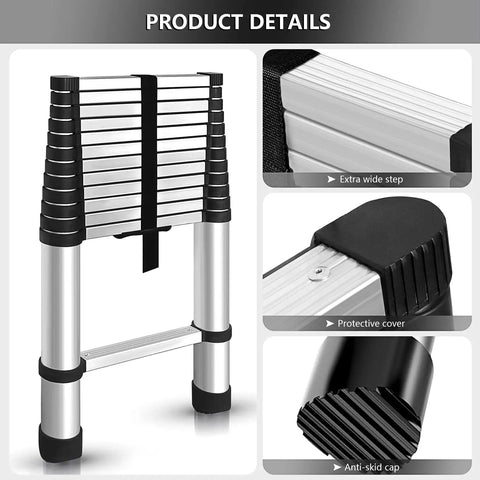 Twelve And A Half Foot Aluminum Telescoping Ladder That Extends From Compact Fold To Full Height With Non Slip Rungs showing details