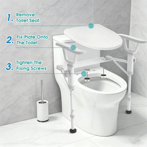 Rock Solid Foldable Toilet Safety Rail For Seniors Crafted From Heavy Duty Aluminum Reinforced With Tough As Nails Carbon Frame Holding Five Hundred Pounds Smooth Bathroom Assist installation steps next to a toilet.