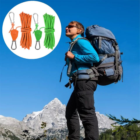 Two Pack High Strength Pulley Camping Ropes With Adjustable Windproof Ratchet Straps for tent and canopy setup, view with hiker