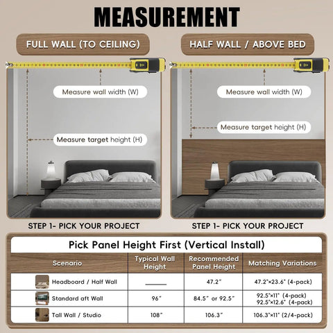 Level Up Your Studio Vibe With These 4 Pack 3D Wood Slat Wall Panels In Natural Walnut For Acoustic Sound Absorbing Home Office Decor That Completely Slays And Kills Room Echo measurement guide for panel installation with size details.