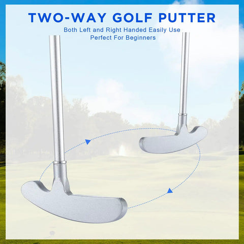 Two Way Golf Putter Set with two silver putters for left or right-handed use against a scenic outdoor background