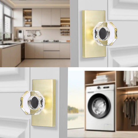 Octagon Glass Crystal Dummy Door Knob Satin Brass Non Turning Gold For Closet And Hall 4 Pack in modern interior.