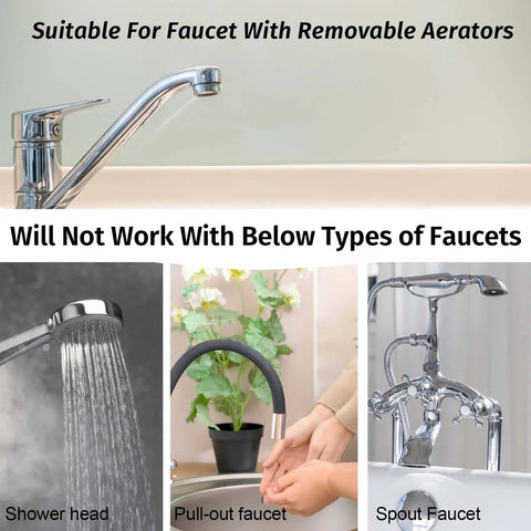 Image showing faucets suitable and not suitable for Sink To Hose Adapter Solid Brass 360 Degree Swivel Quick Connector.