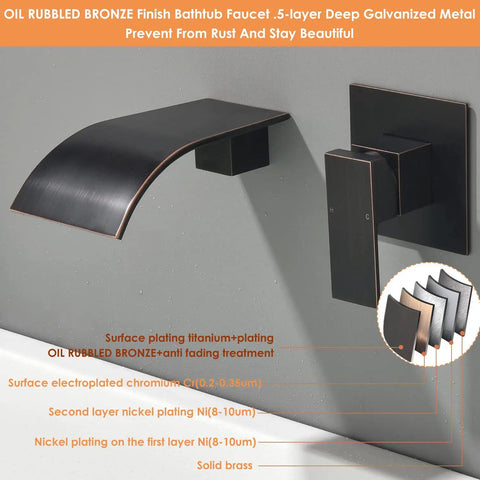 Wall Mount Roman Tub Filler With Waterfall Faucet Single Handle Solid Brass Bath Fixture Rough In Valve Included Oil Rubbed Bronze Finish