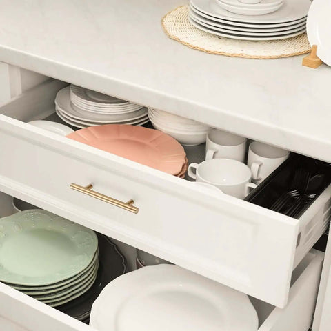Top Shelf Champagne Bronze Kitchen Cabinet Handles Three Quarter Inch Center Six Inch Long Five Pack Heavy Duty Stainless Steel Drawer Pulls on a white kitchen drawer.