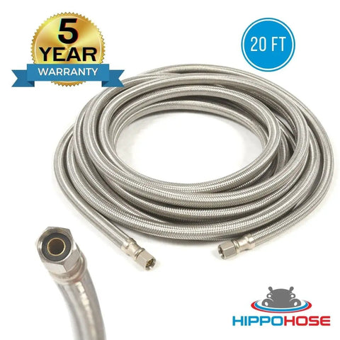 Universal Icemaker Hose 20 Ft For All Refrigerator Brands, Stainless Steel Water Supply Line, coiled with visible 1/4 fittings.