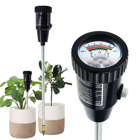 All-In-One Soil pH And Moisture Meter For Garden, Lawn And Farm Use with 295mm probe, shown with indoor plants in pots.