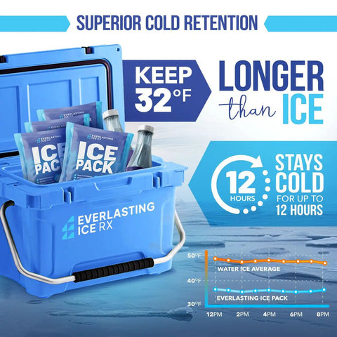 Performance Reusable Ice Packs For Lunch Boxes Lunch Bags And Coolers Four Pack Keeps Your Food Cold For Up To Twelve Hours Perfect For Camping Outdoors And Beach Trips displayed in a cooler