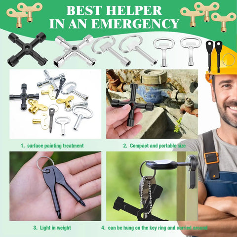 All In One 13 Piece Multi Tool Utility Key Kit with four way keys and spanner, shown with individual tools and usage examples