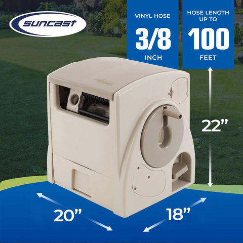 Automatic Rewind Garden Hose Reel With 100 Feet Five Eighths Inch Vinyl Hose, Foot Pedal Auto Retract in taupe finish