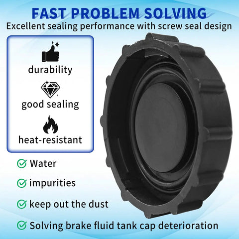 Beefed Up Brake Fluid Reservoir Cap Replacement For Ford F150 Expedition And Lincoln Navigator 2015 2021 With Spiral Seal Heavy Duty Gasket Cover To Stop Evaporation And Leaks Compatible With FL3Z2162A Parts black cap with sealing features and durability icons