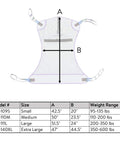The Ultimate Patient Aid Full Body Mesh Sling, size chart detailing dimensions and weight range for bed to wheelchair transfers.