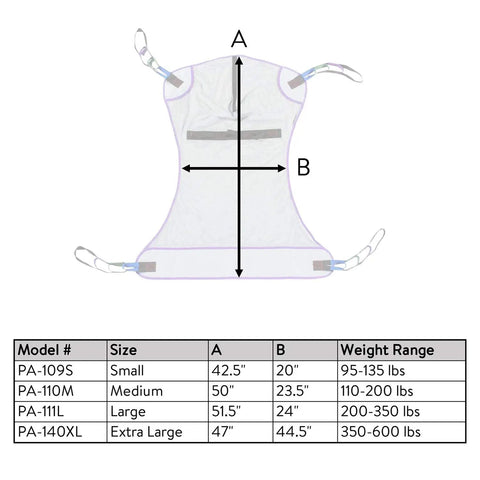 The Ultimate Patient Aid Full Body Mesh Sling, size chart detailing dimensions and weight range for bed to wheelchair transfers.