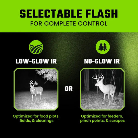 Selectable flash options for Top Shelf Cellular Trail Camera With 4K Ultra HD Night Vision And Waterproof Build for hunters.