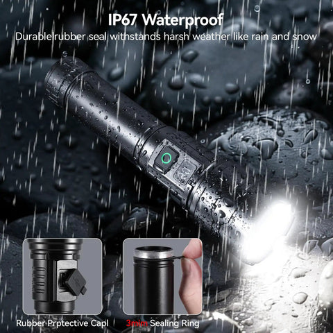 Rechargeable LED Flashlight With Zoomable Beam And Five Modes Including High Medium Low Strobe And SOS USB C Fast Charge Ultra Bright Tactical Light for camping in rain with IP67 waterproof design and rubber seal.
