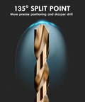 Close-up of a drill bit with 135° split point for precise positioning; part of 60-Piece Cobalt Drill Bit Set M35 High Speed Steel Jobber Length For Tough Metals And More, Boss Quality For Hardened Stainless Steel, Cast Iron, Copper, Aluminum, Wood And Plastic, Includes Durable Index Storage Case, Sizes 1 To 60.