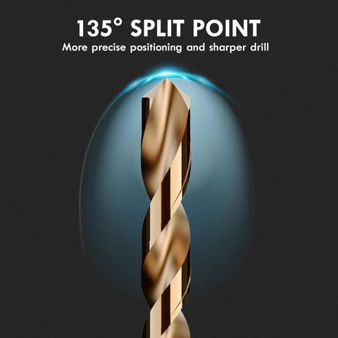 Close-up of a drill bit with 135° split point for precise positioning; part of 60-Piece Cobalt Drill Bit Set M35 High Speed Steel Jobber Length For Tough Metals And More, Boss Quality For Hardened Stainless Steel, Cast Iron, Copper, Aluminum, Wood And Plastic, Includes Durable Index Storage Case, Sizes 1 To 60.