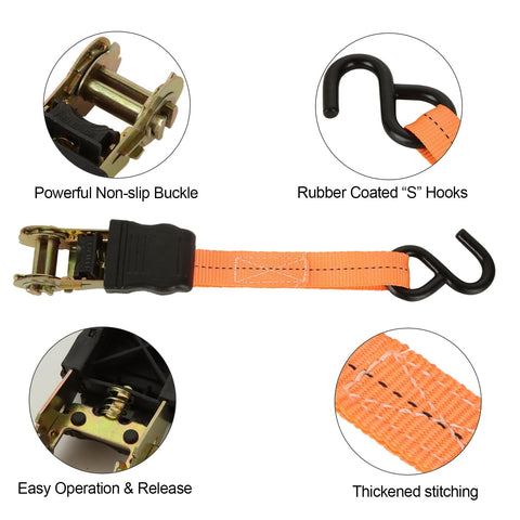 Beefed Up 20 Ft Ratchet Tie Down Straps 6 Pack 1700 Lb Break Strength with safety-lock S hooks and soft loops detail view