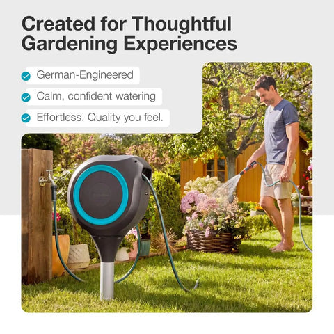 Automatic Retractable Garden Hose Reel With 66 Feet Reach 360 Degree Swivel Metal Spike Base Easy Install No Tool Needed UV Resistant Housing Smooth Auto Rewind And Lock Durable Yard Hose Organizer in garden with man watering flowers