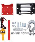 Heavy Duty 4500lb Electric Winch Kit With Roller Fairlead And Remote Control parts including steel fairlead, hook, wiring, and hardware.