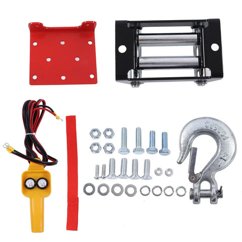 Heavy Duty 4500lb Electric Winch Kit With Roller Fairlead And Remote Control parts including steel fairlead, hook, wiring, and hardware.