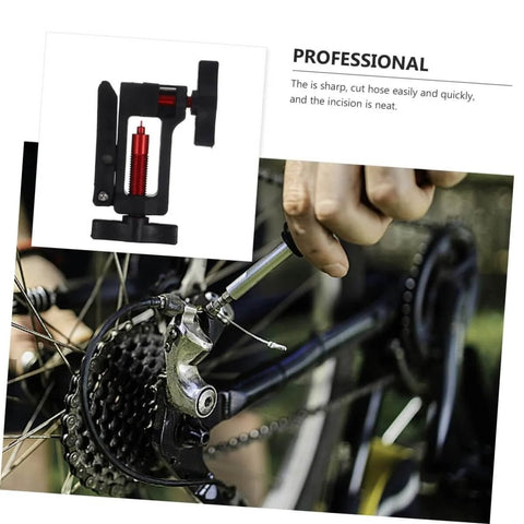 Hydraulic Hose Fitting Insert Tool For Bicycles With Needle Driver And Detachable Thimble Lock shown in use on a bike