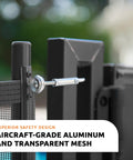 Close up of self closing gate kit showing aircraft-grade aluminum and transparent mesh for pool safety fencing.
