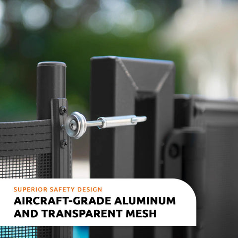 Close up of self closing gate kit showing aircraft-grade aluminum and transparent mesh for pool safety fencing.
