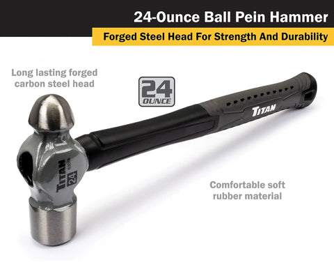 24 Oz Ball Peen Hammer with Forged Steel Head and Shock Absorbing Fiberglass Handle Textured Rubber Grip Built Tough