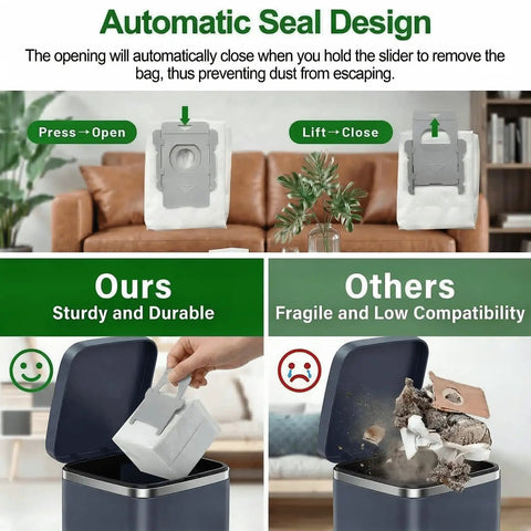 Automatic seal comparison of Eight Pack Roomba Vacuum Bags Compatible With I3 I4 I5 I6 I7 I8 J5 J6 J7 J8 J9 S9 Plus Models