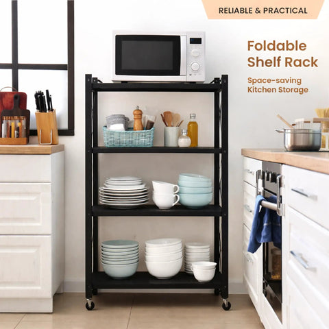 4 Tier Foldable Storage Shelf On Wheels Easy Grab And Go Rolling Cart in kitchen with dishes and kitchenware