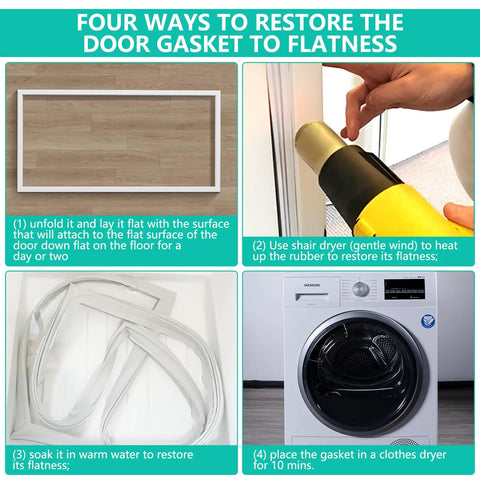 Upgraded Freezer Door Gasket Replacement 67 By 33 Inches for Refrigerator showing four methods to restore flatness
