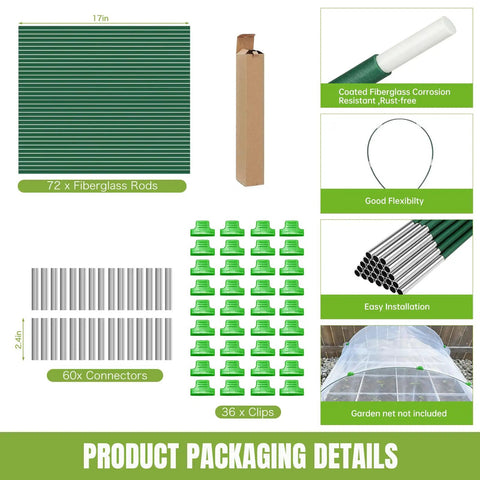 72 Piece Garden Hoops Easy Install Plastic Coated Fiberglass Garden Supports For Greenhouses And Raised Beds DIY Plant Stakes For Netting And Row Covers Rust Free Frames