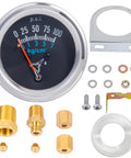 Front view of oil pressure gauge kit with chrome bezel and black dial; includes plastic tubing and brass fittings.