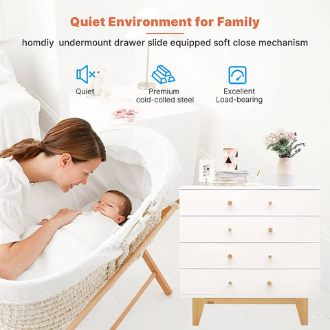 Quiet environment with a smiling mother and baby next to a drawer slide using Soft Close Undermount Drawer Slides 18 Inch Concealed Full Extension.