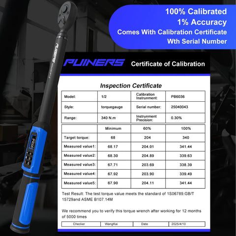 Digital Torque Wrench Half Inch Drive 3.8 to 250.8 Ft-Lb 5 to 340 Nm Garage-Ready Electronic Torque Tool With One Percent Accuracy Five Unit LCD Display Buzzer And LED Alerts For Cars Bikes Motorcycles And Trucks shown with calibration certificate.
