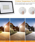 JUDYSSY Outdoor 100W Led Outdoor Flood Light, Security Light 3 Color Changing displayed in warm, neutral, and cool white options.
