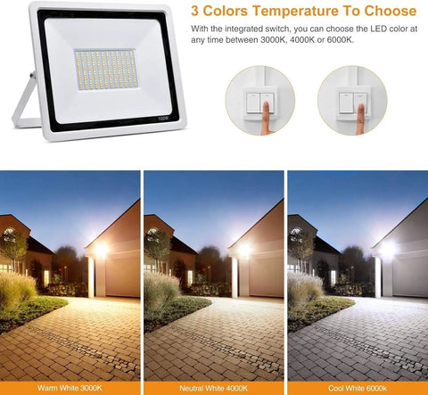 JUDYSSY Outdoor 100W Led Outdoor Flood Light, Security Light 3 Color Changing displayed in warm, neutral, and cool white options.