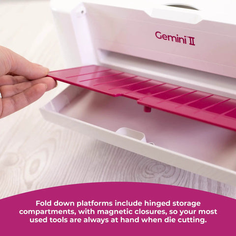 Gemini II Electric Die Cutting And Embossing Machine with fold-down storage compartment for tools