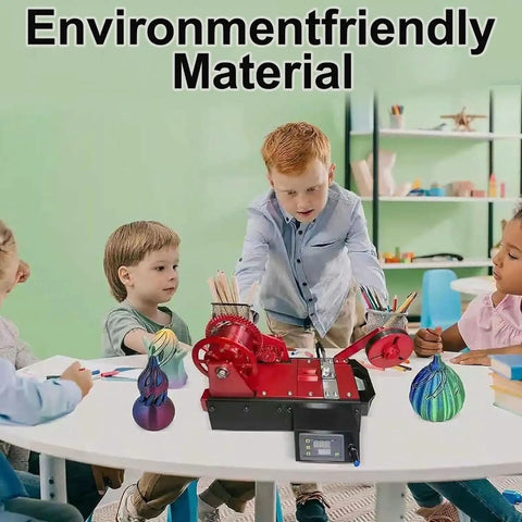 Desktop 3D Printer Filament Maker That Recycles PET Bottles Into Smooth Cord, Featuring Dead Simple Auto Heating And Sweet Adjustable Settings For Thrifty Creators Demanding Knockout Quality Output being used by children in a creative setting.