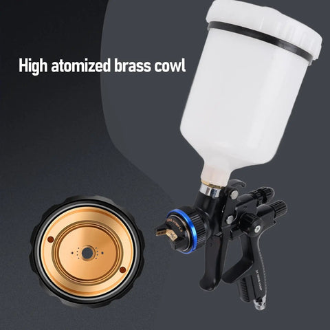 HVLP Air Paint Sprayer With 600ml Gravity Cup And 1.3mm Nozzle featuring a brass cowl for smooth paint application.