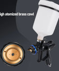 Pro Grade HVLP Paint Sprayer Gun With A Roomy 600 Milliliter Cup And Precision 1.3 Millimeter Tip, showcasing brass cowl and nozzle.