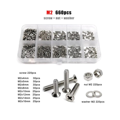 All In One Pro Grade Stainless Steel Screw And Nut Kit M1.6 Through M8 Phillips Flat Countersunk Head Screws Bolts And Nuts 304 Stainless 660 Pieces In One Box For DIY Projects Great For Cabinets Electronics Furniture Repairs And Hobby Projects - Open box showing screws, nuts, and washers.