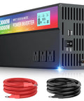 Beast Mode 3000W Power Inverter showing 3000W continuous power, LED display, dual outlets, with red and black power cables.