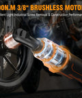 Cordless Three Eighths Inch Ratchet Wrench With Brushless Power in use on motorcycle, showcasing torque and LED feature