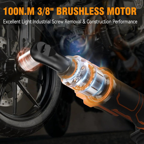 Cordless Three Eighths Inch Ratchet Wrench With Brushless Power in use on motorcycle, showcasing torque and LED feature