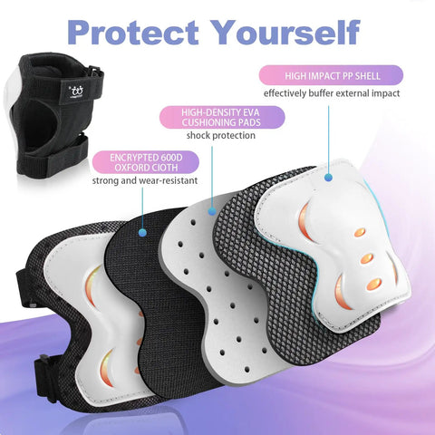 Six Pack Pro Grade Protective Gear Set with Knee Pads Elbow Pads and Wrist Guards for Kids Teens and Adults