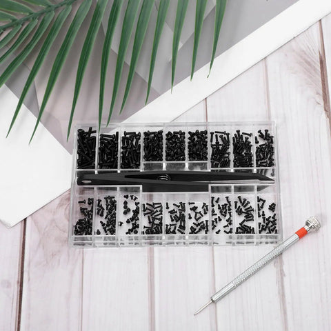 500 Piece Micro Screw Kit For Glasses And Electronics With Black Screws Included Screwdriver And Tweezers